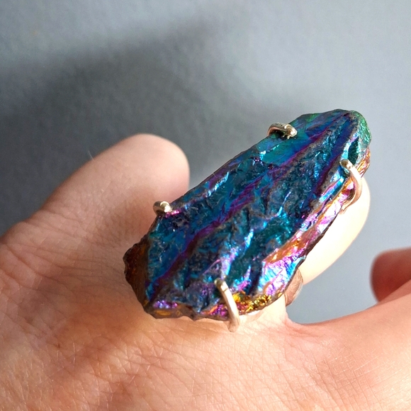 New Rough Rainbow Titanium Crystal Quartz 925 Silver Statement Ring. - Picture 11 of 15